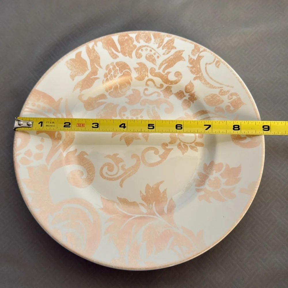 Set of 4 Pier 1 Jaclyn Collection Plates Pasta Bowls Blush Luster Damask Pattern
